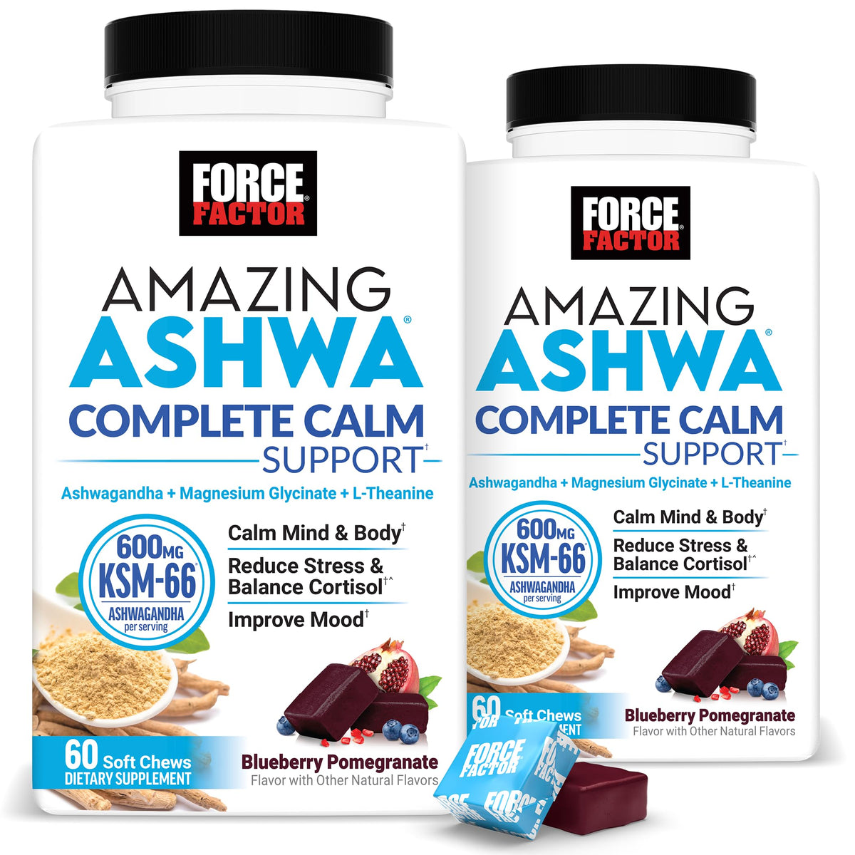 Force Factor Amazing Ashwa chews doux au goût de myrtille et grenade