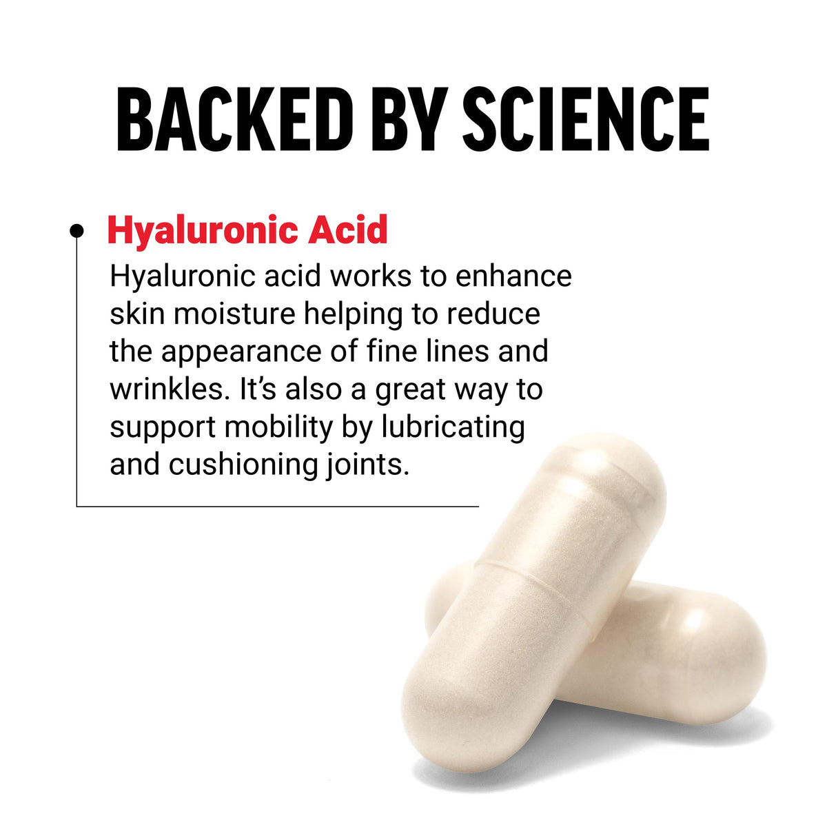 Force Factor capsules d'acide hyaluronique ouvertes montrant les capsules