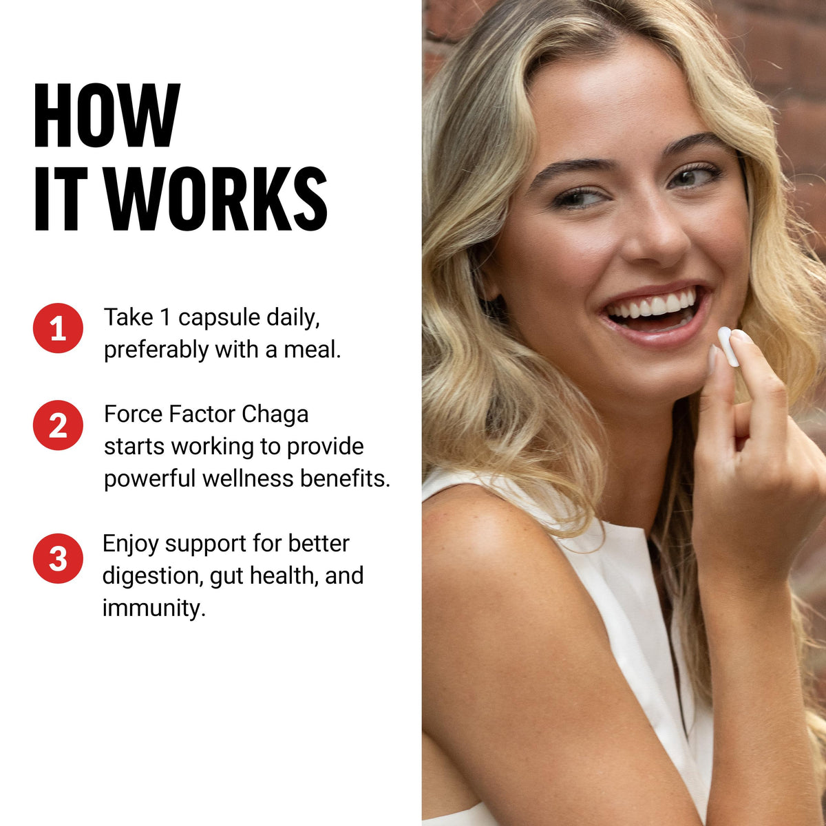 Force Factor Chaga Champignons Capsules 125g avec un verre d'eau