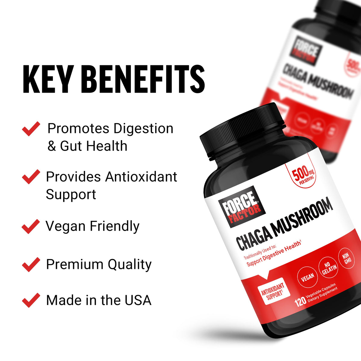 Force Factor Chaga Champignons Capsules 125g étiquette