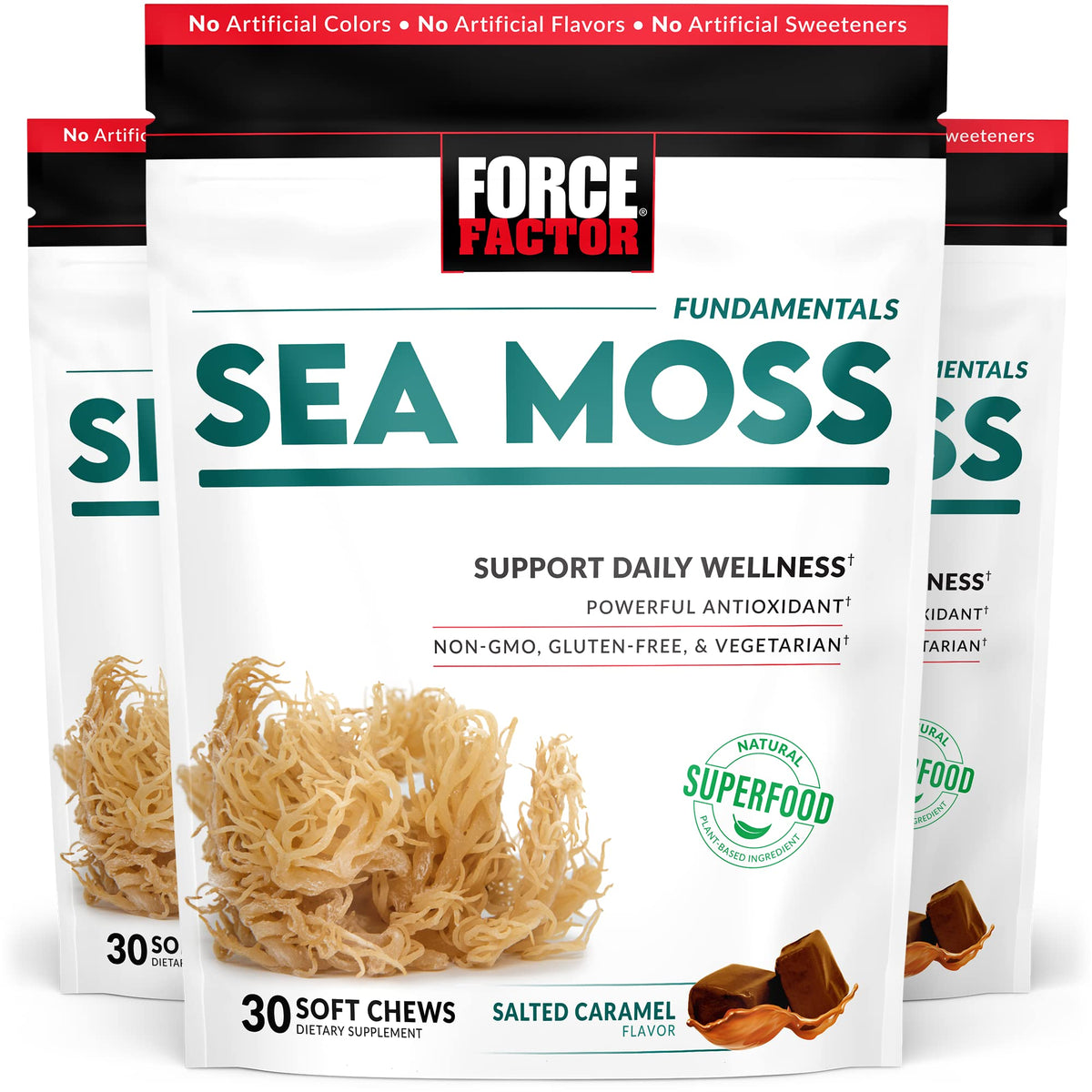 Force Factor Chews de Mousse Marine, paquet avant avec saveur caramel salé