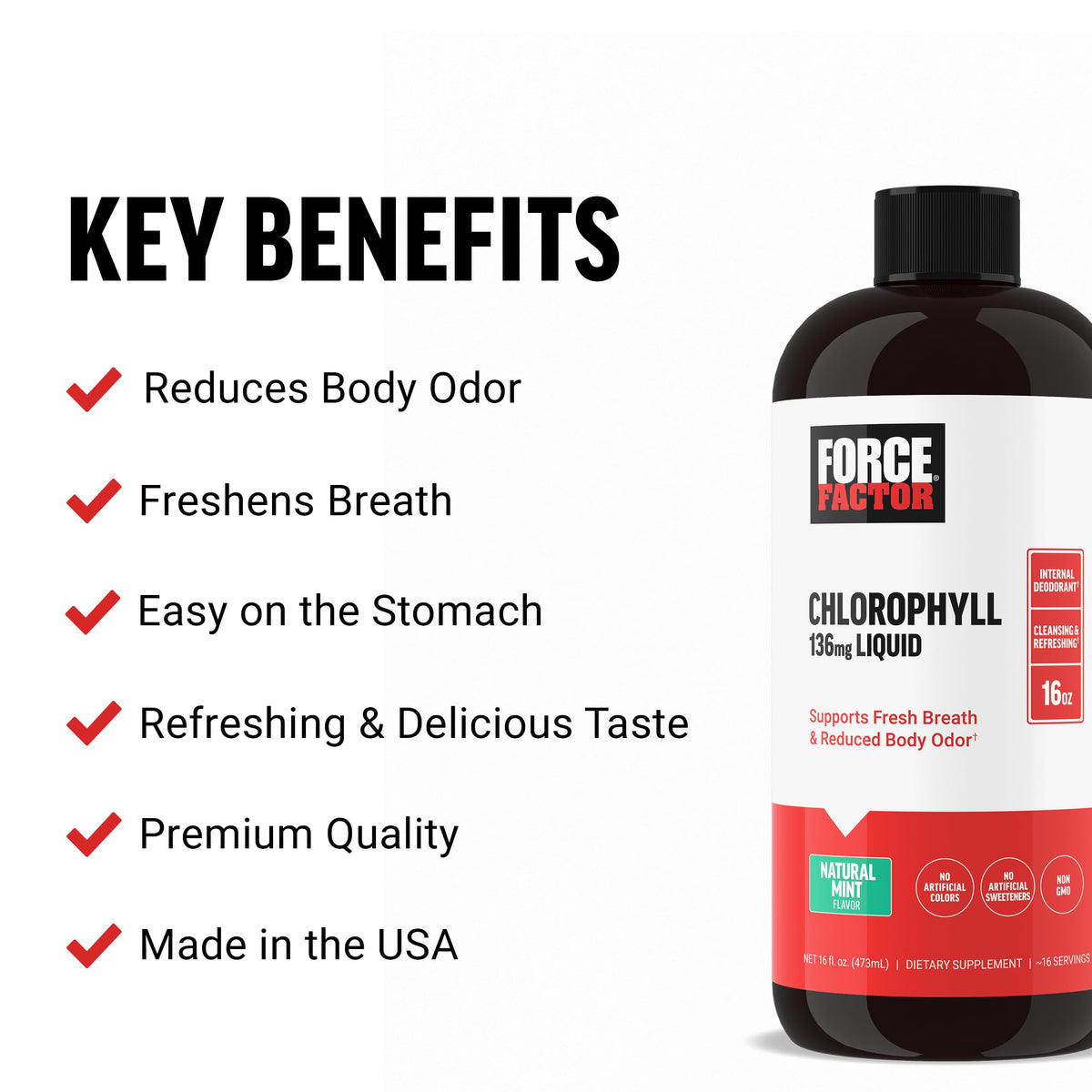 Force Factor Chlorophyll Liquide 540g versé dans un verre d'eau