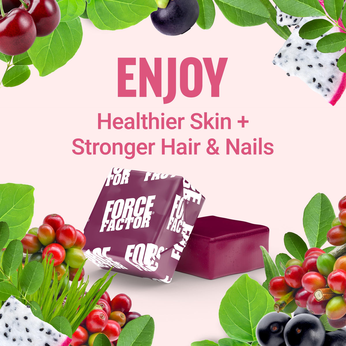 Force Factor Collagen support Superfoods 399g soft chews on a kitchen counter