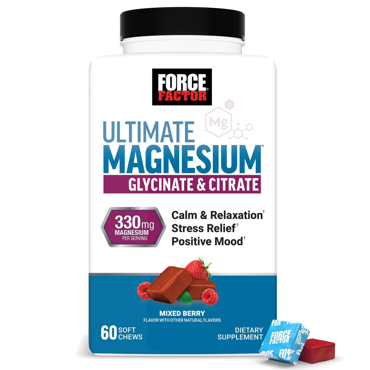 Force Factor Complément Alimentaire Magnésium 330mg Glycinate & Citrate - Bonbons à mâcher en vue de face