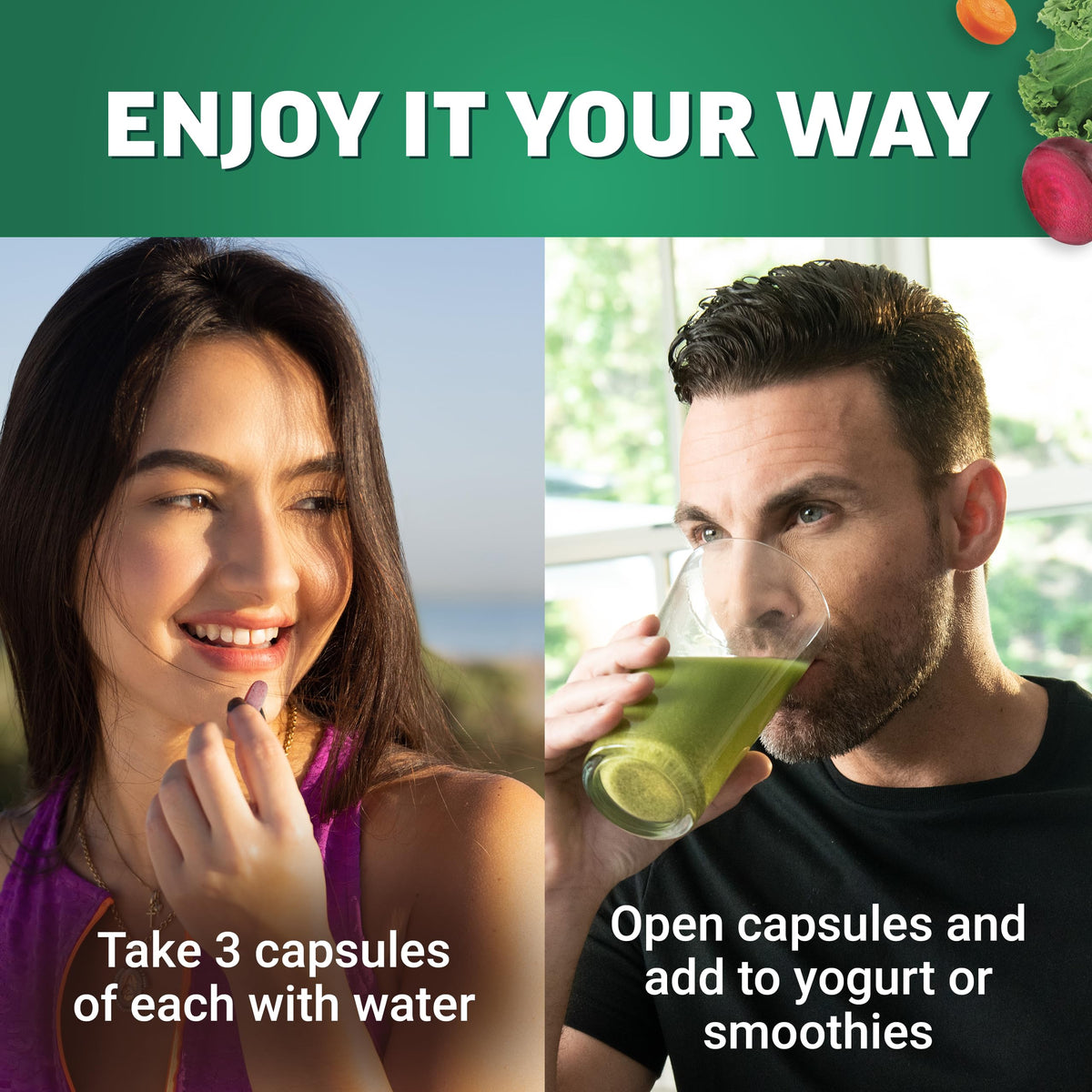 Force Factor Fruits & Veggies 2-Pack avec fruits et légumes en arrière-plan