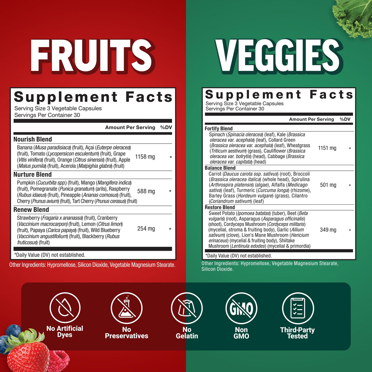 Force Factor Fruits & Veggies 2-Pack sur fond blanc avec étiquettes