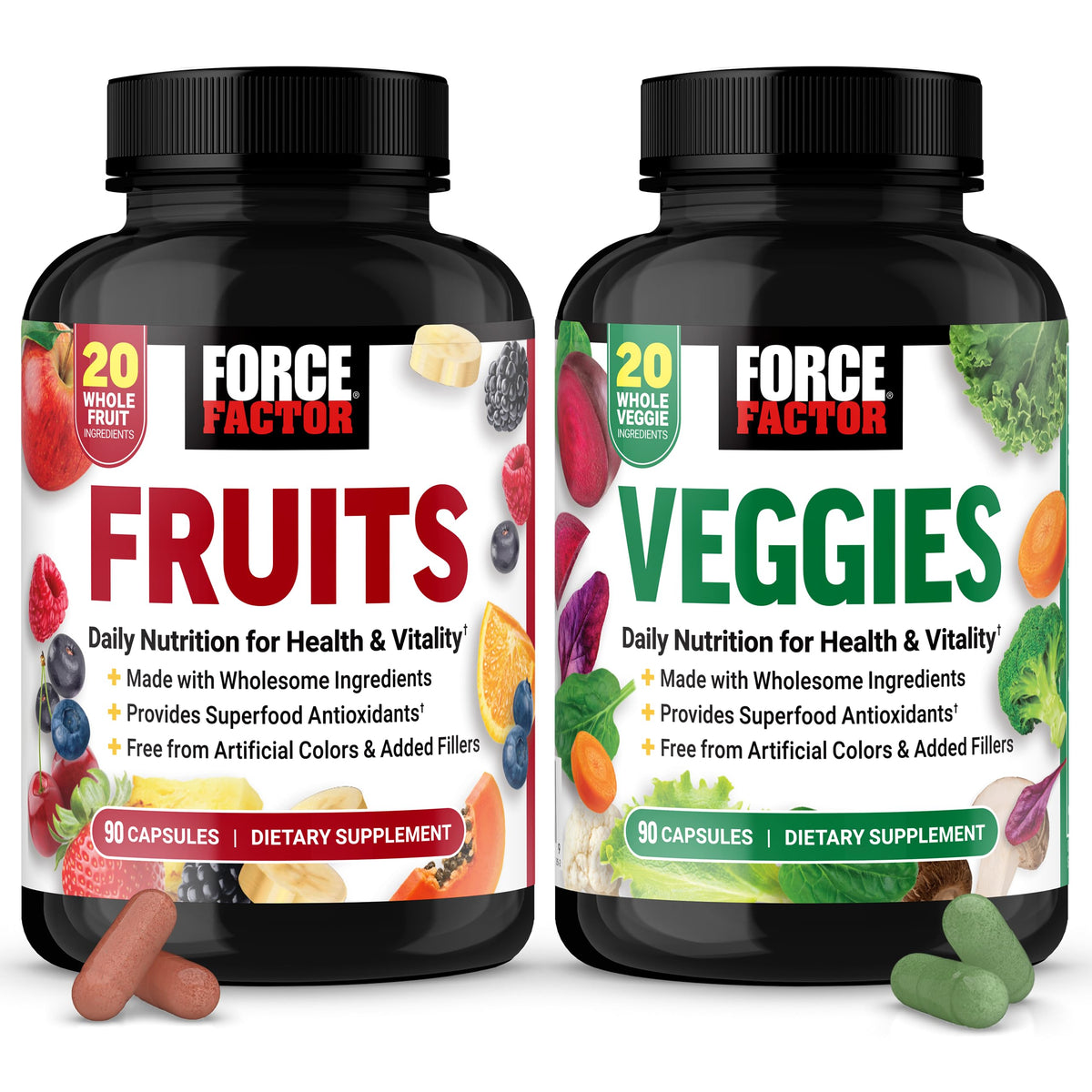 Force Factor Fruits & Veggies 2-Pack vue de face avec capsules