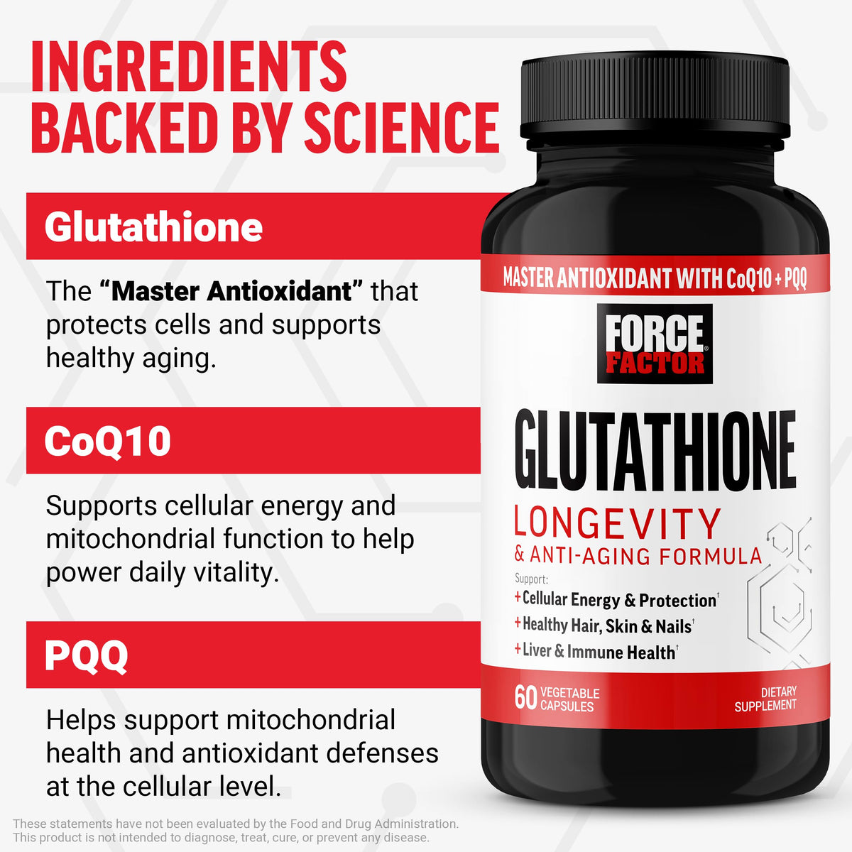 Force Factor Glutathione capsules sur fond blanc