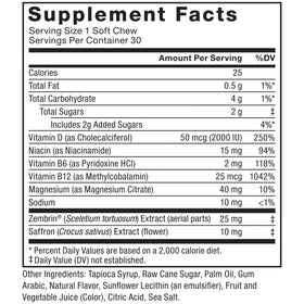 Force Factor Happy Mood Soft Chews avec des vitamines et minéraux en arrière-plan