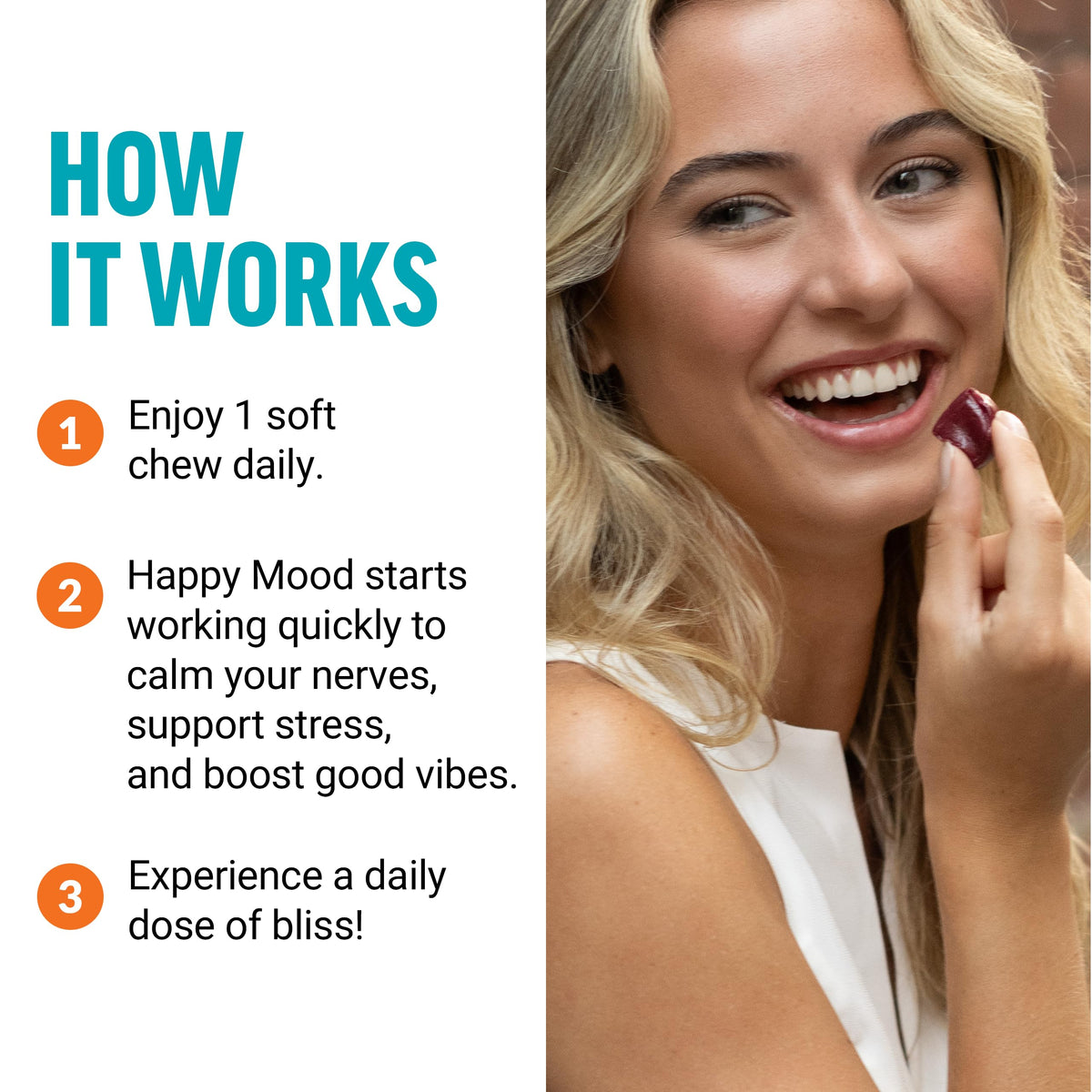 Force Factor Happy Mood Soft Chews montrant la texture de la gomme