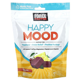 Force Factor Happy Mood Soft Chews sur une table avec des fruits tropicaux