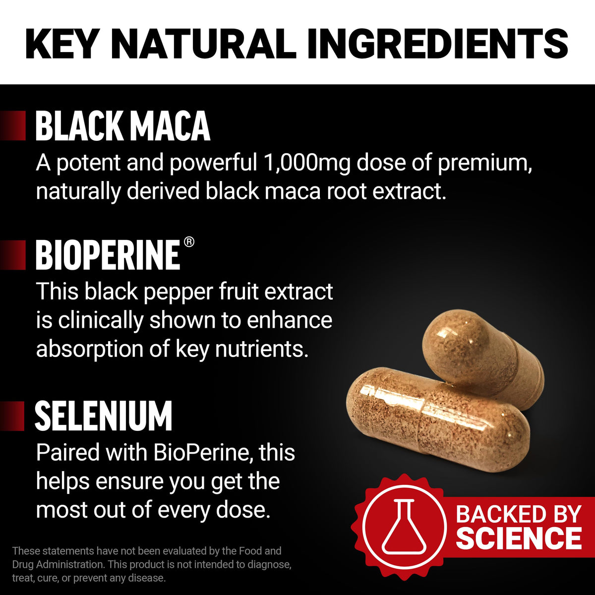 Force Factor Maca Noire 1000mg capsules sur une surface blanche