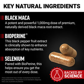Force Factor Maca Noire 1000mg capsules sur une surface blanche
