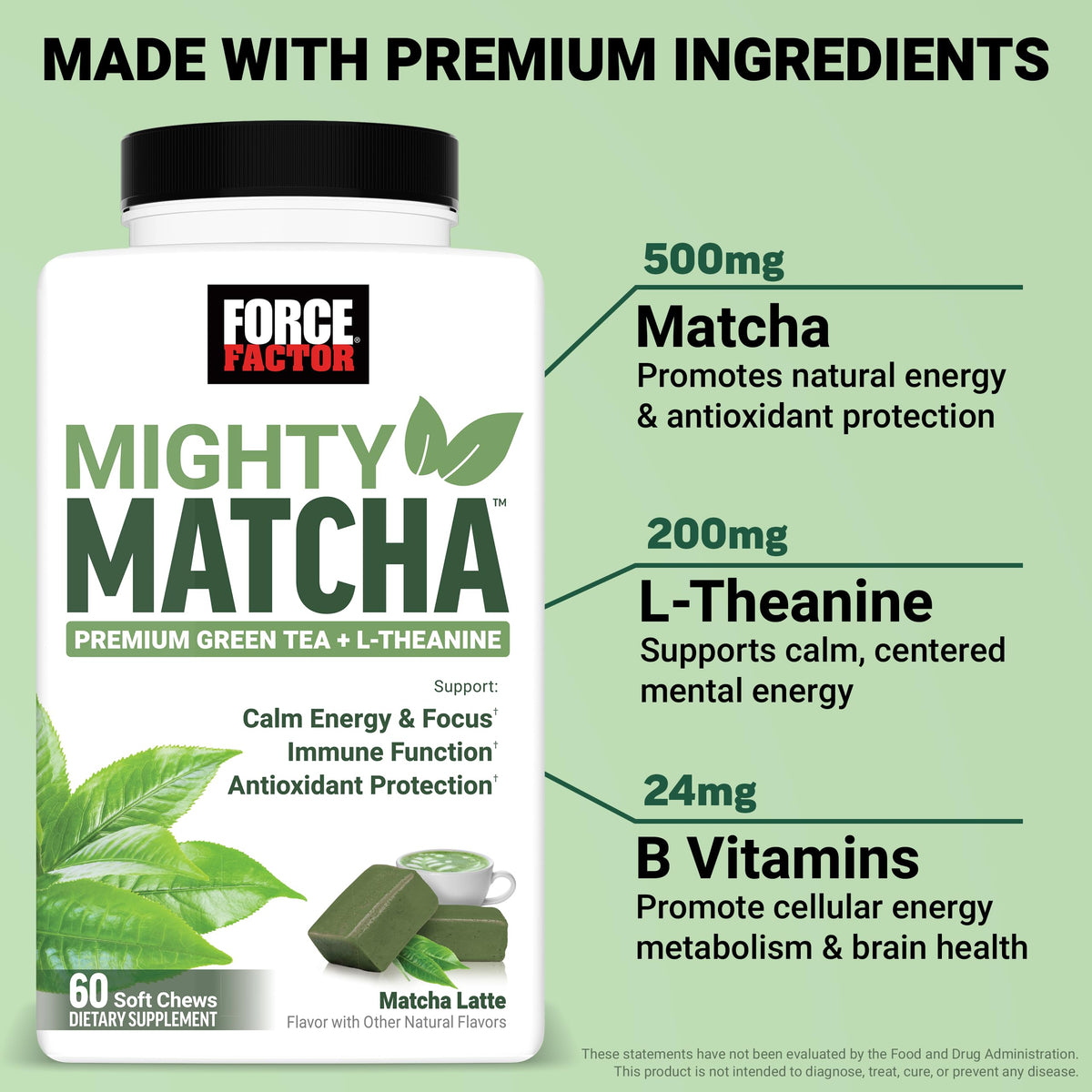 Force Factor Mighty Matcha Soft Chews 385g bonbon individuel