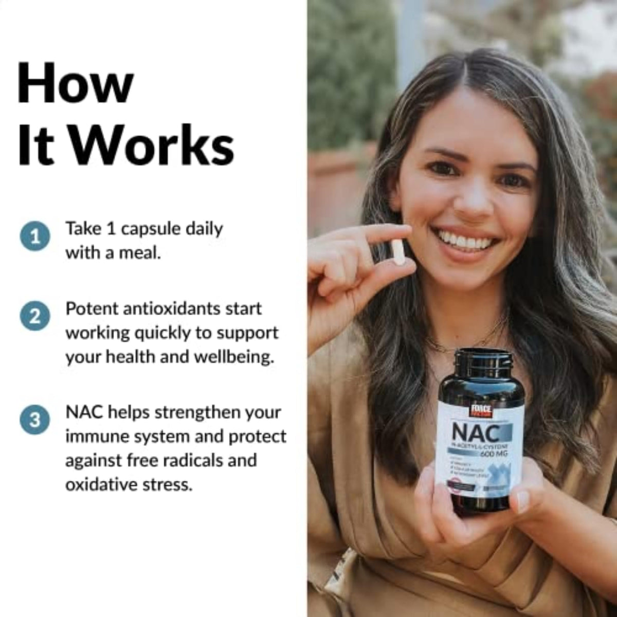 Force Factor NAC 600 mg complément alimentaire, étiquette détaillée
