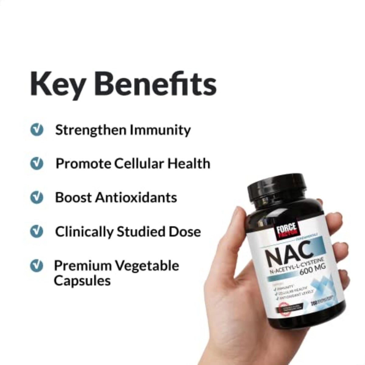 Force Factor NAC 600 mg complément alimentaire, vue de côté