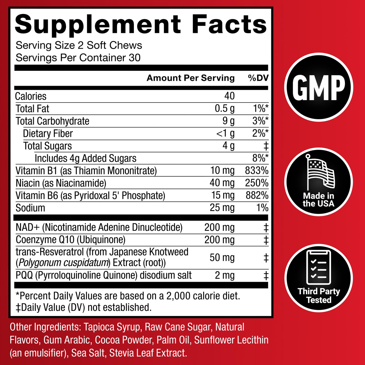 Force Factor NAD+ Gommes Anti-Âge présentation nutritionnelle