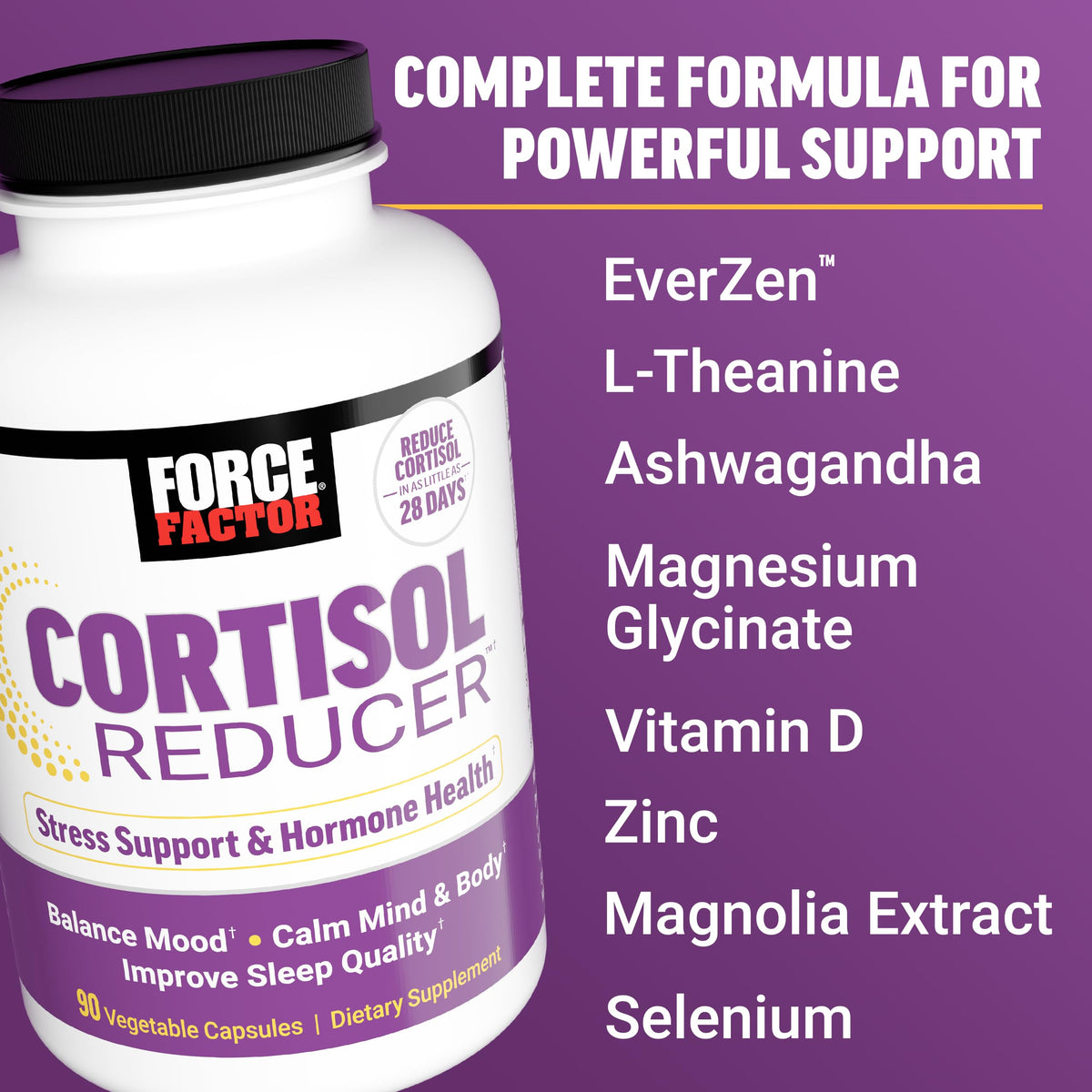 Force Factor Réducteur de Cortisol Femme, vue arrière du flacon