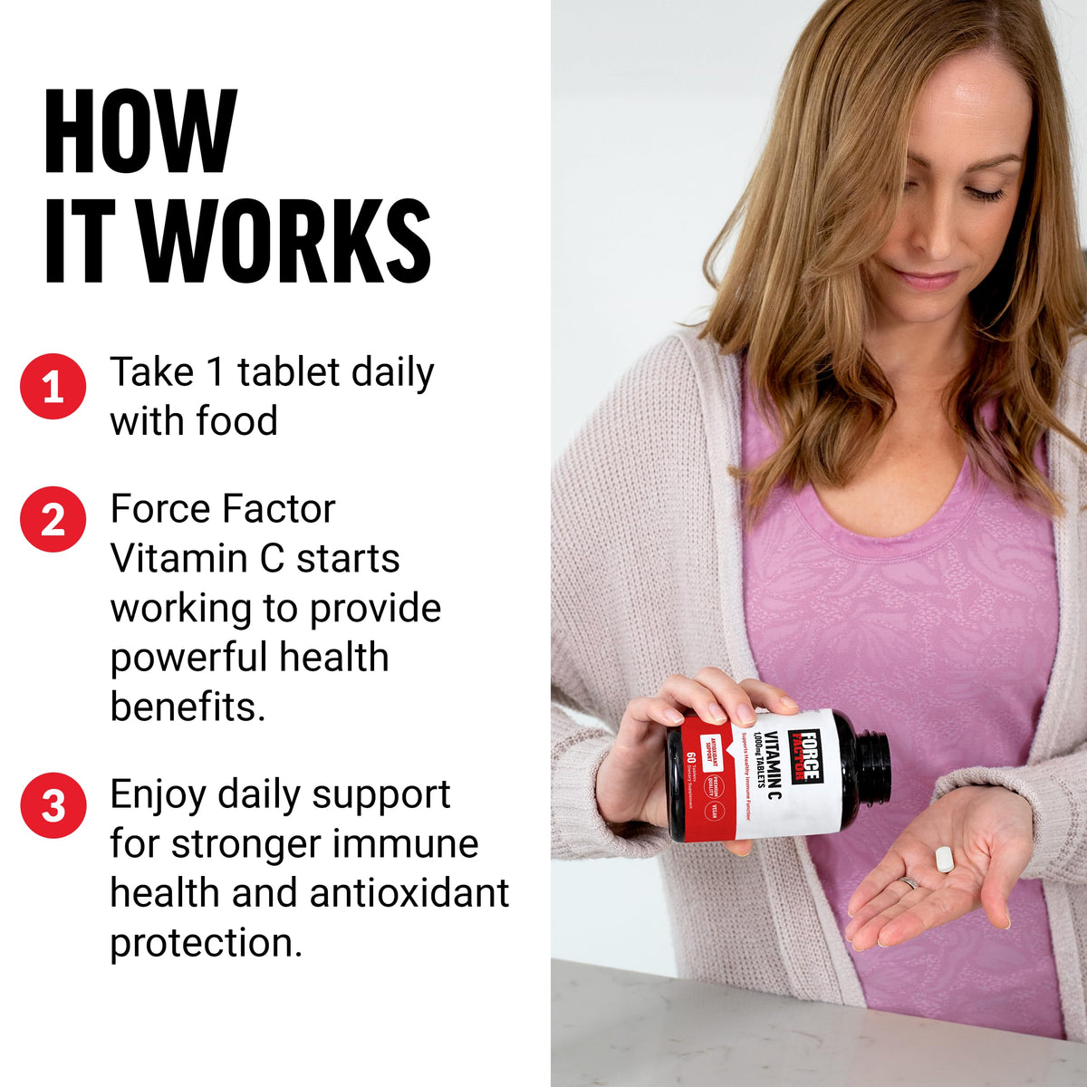 Force Factor Vitamine C 1000mg avec des ingrédients naturels en arrière-plan