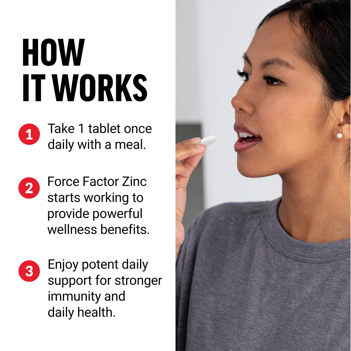 Force Factor Zinc 50mg tablettes sur une surface blanche