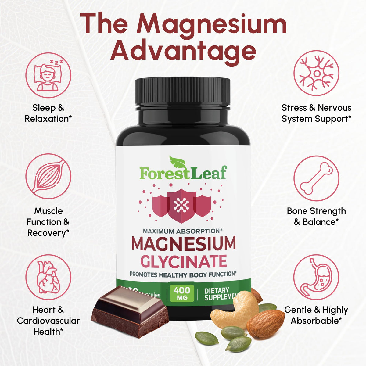 ForestLeaf Magnésium Glycinate 400mg avec un fond naturel