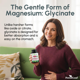 ForestLeaf Magnésium Glycinate 400mg capsules sur une surface blanche