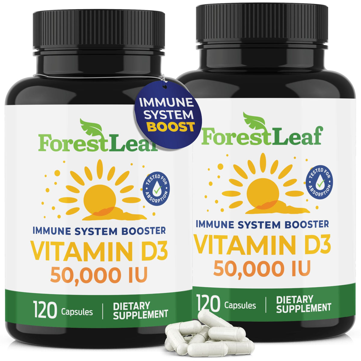 ForestLeaf Vitamine D3 50 000 UI 120 capsules vue de face