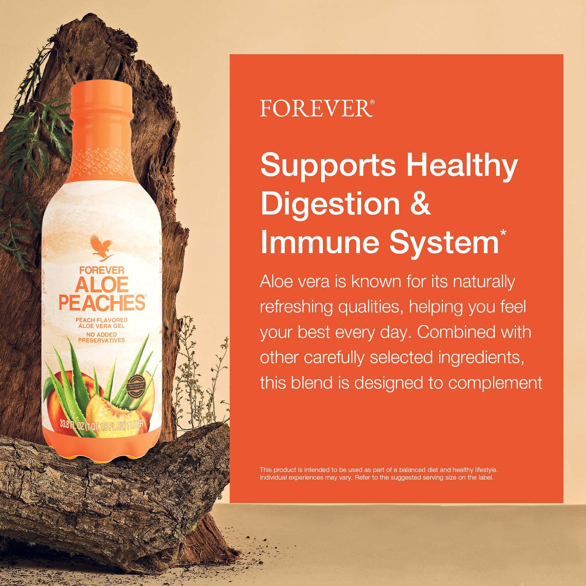 Forever Living Aloe Peaches 1L avec pêches fraîches en arrière-plan