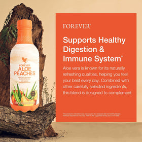 Forever Living Aloe Peaches 1L avec pêches fraîches en arrière-plan