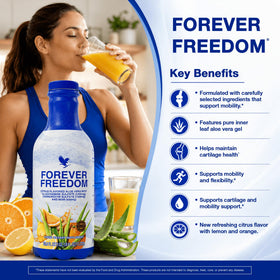 Forever Living Freedom 1 L en verre avec un verre à côté