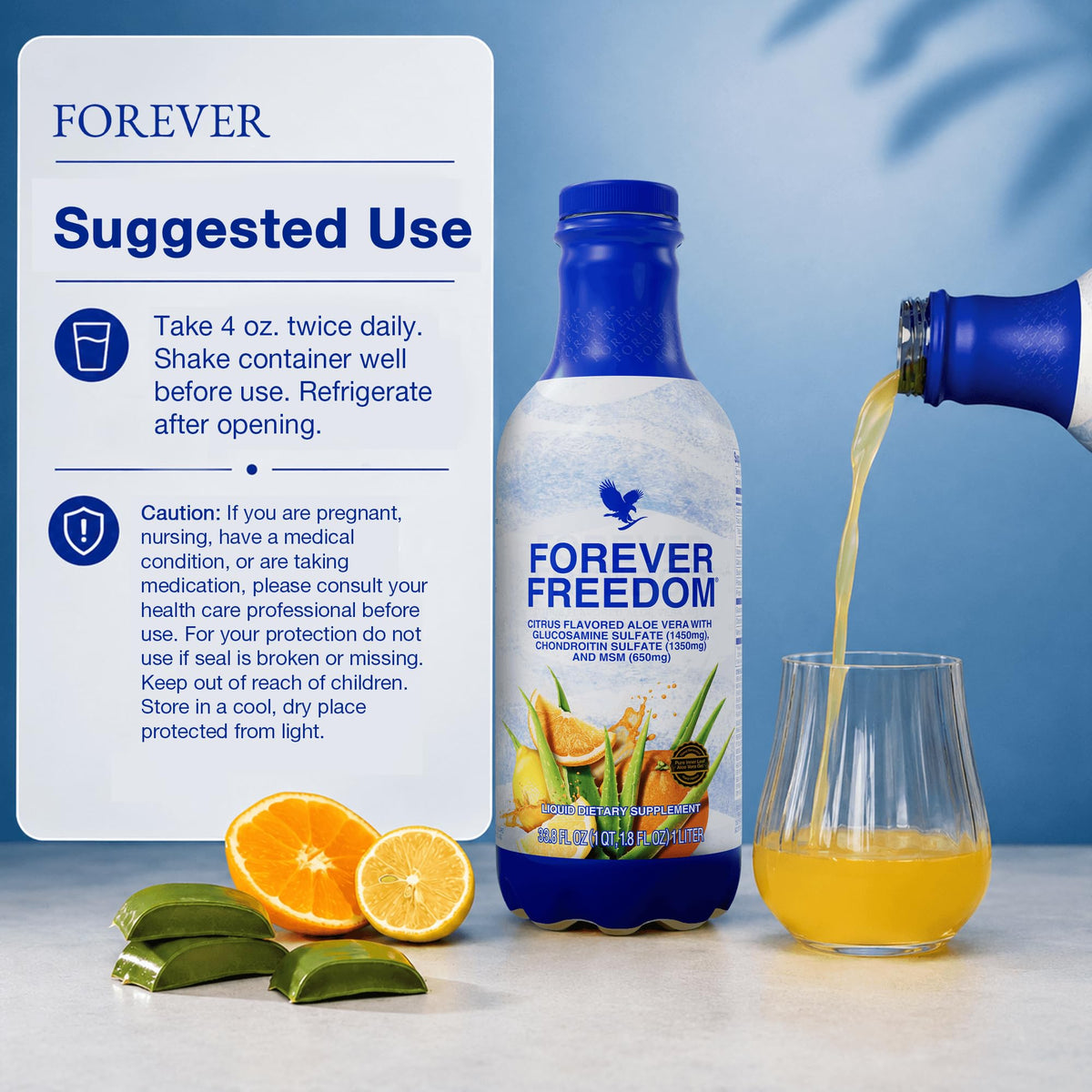 Forever Living Freedom 1 L sur une table en bois