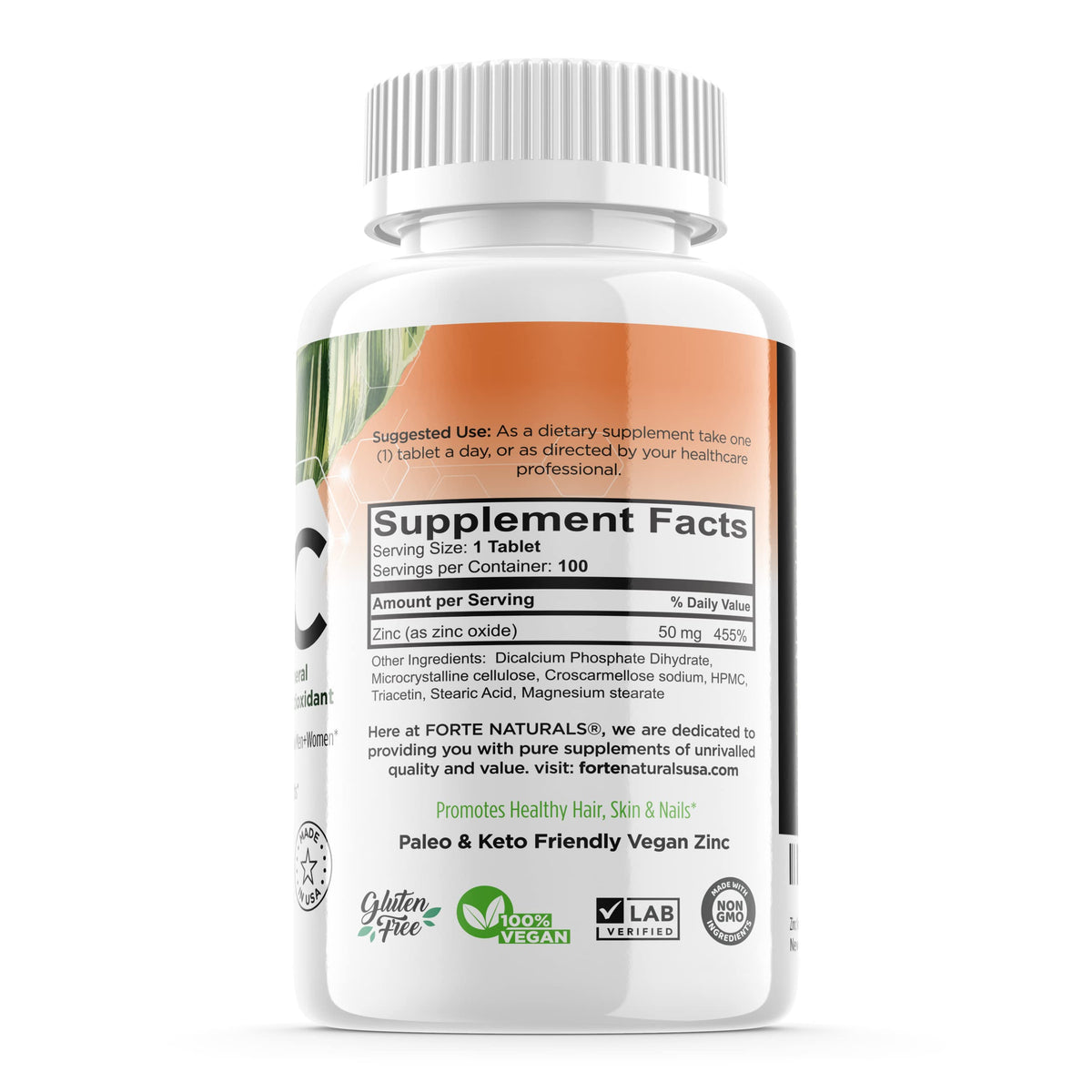 FORTE NATURALS Zinc 50mg comprimés 100 unités vue de dos