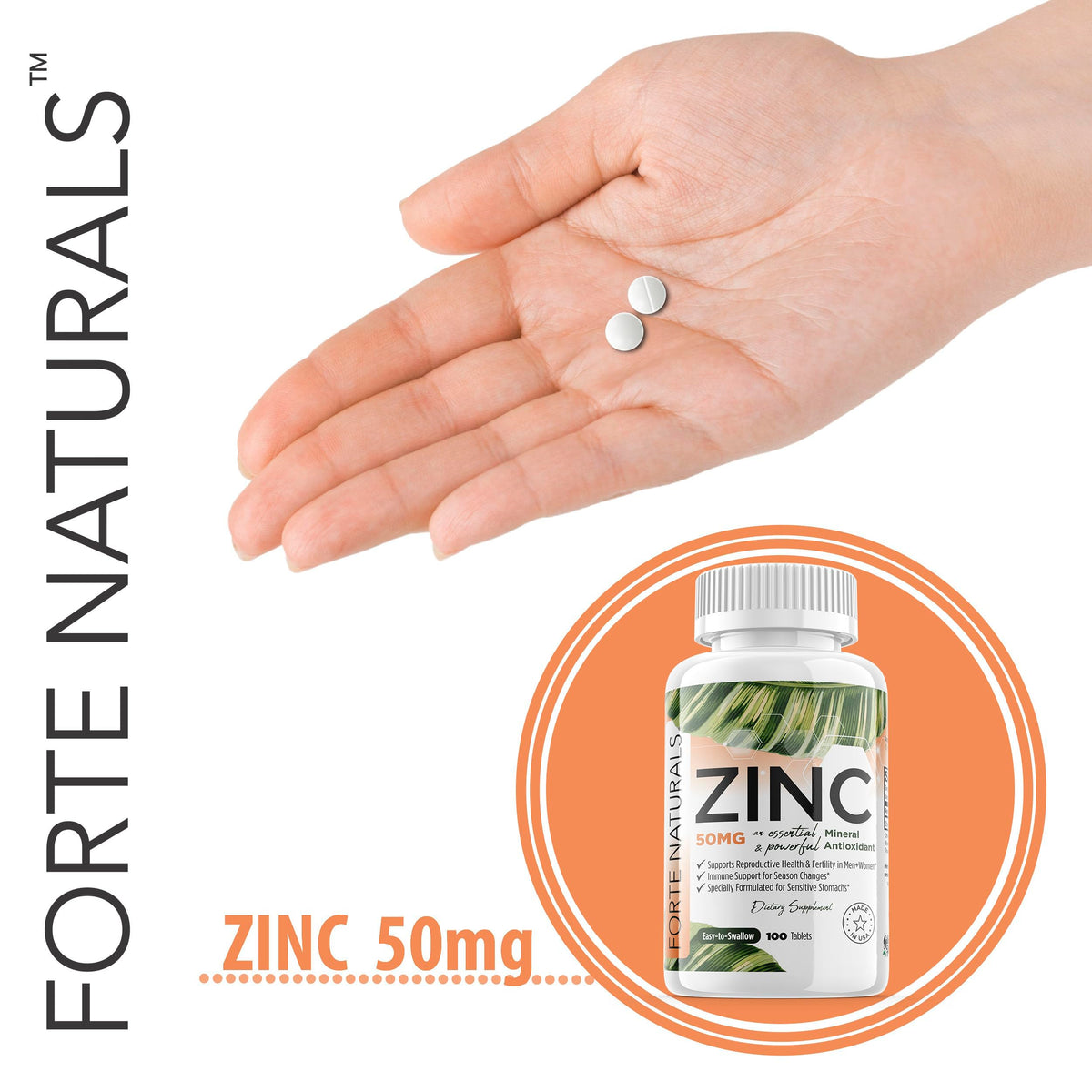 FORTE NATURALS Zinc 50mg comprimés ouverts avec quelques comprimés à côté
