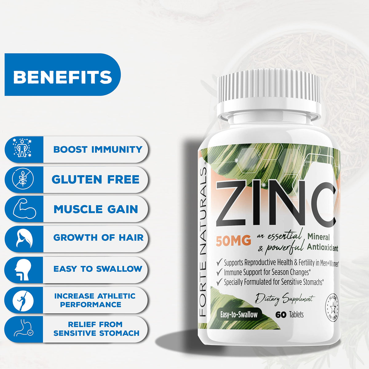 FORTE NATURALS Zinc 50mg comprimés sur fond blanc