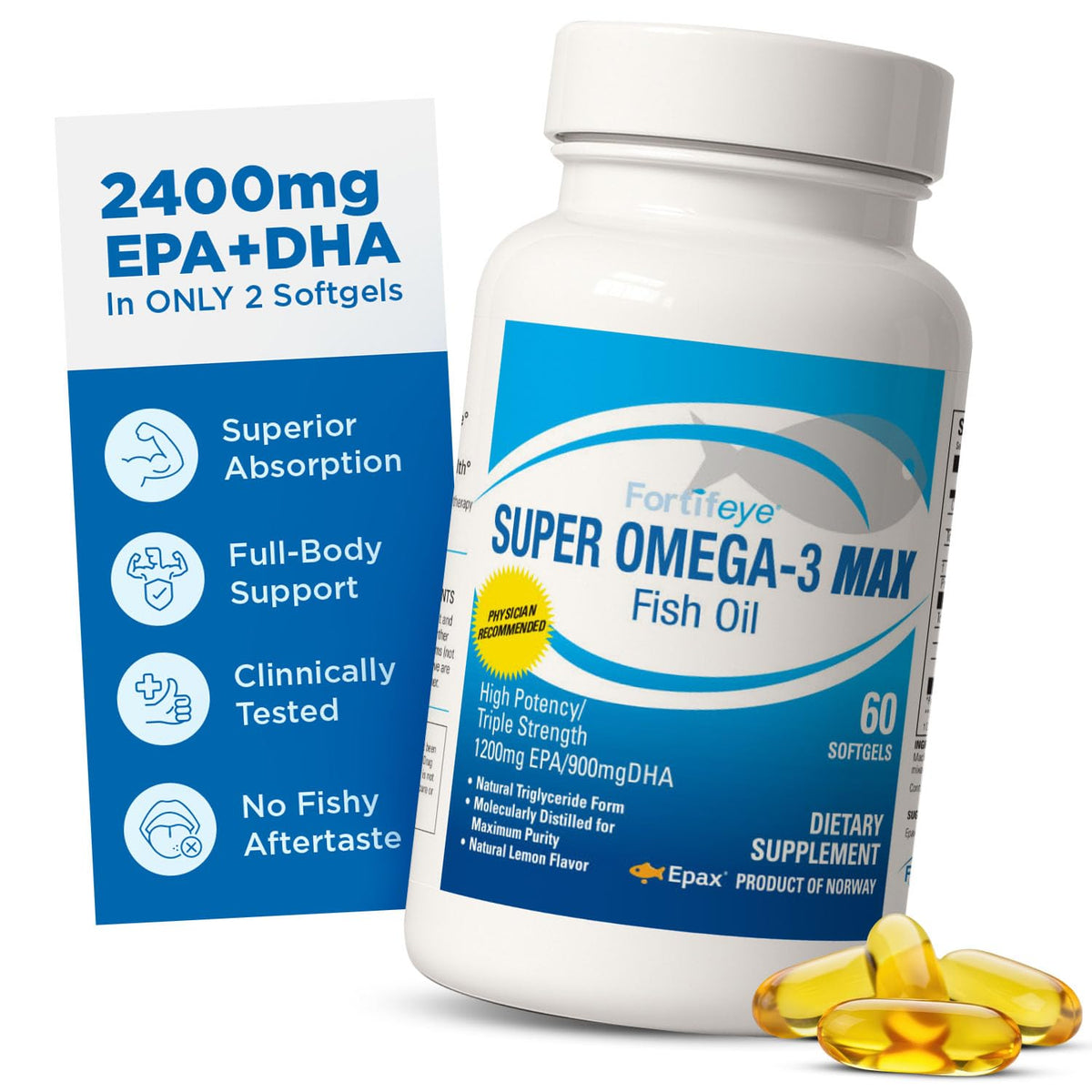 Fortifeye Super Omega-3 Max Huile de Poisson 2400mg 60 gélules vue de face
