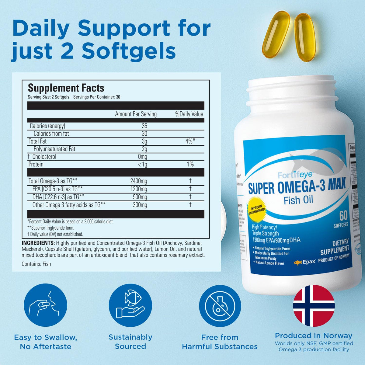 Fortifeye Super Omega-3 Max Huile de Poisson 2400mg avec citron