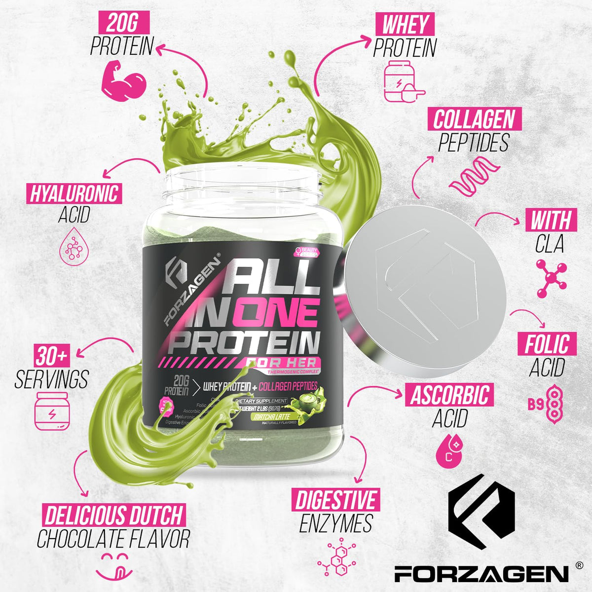 Forzagen All in One Protein pour Femmes 1089g Matcha Latte, ingrédients sur l'emballage