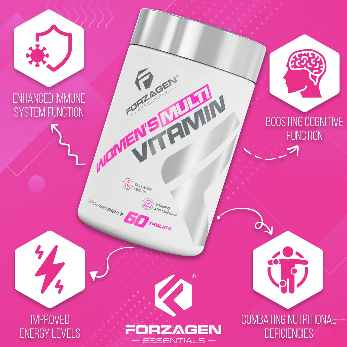 Forzagen Multivitamines Femmes 60 comprimés, mise en scène avec des fruits