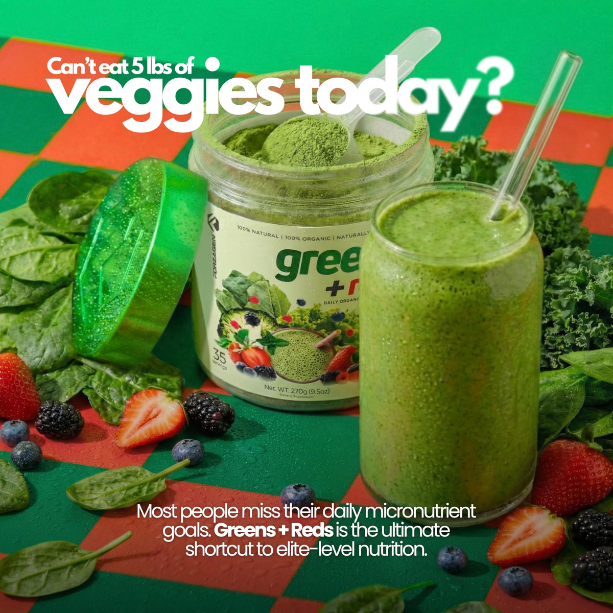 Forzagen Poudre de Super-aliments Végétale Verte et Rouge 349g vue de côté