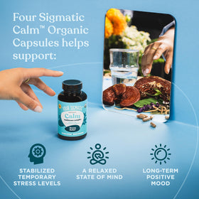 Four Sigmatic Calm Capsules sur une table avec un verre d'eau