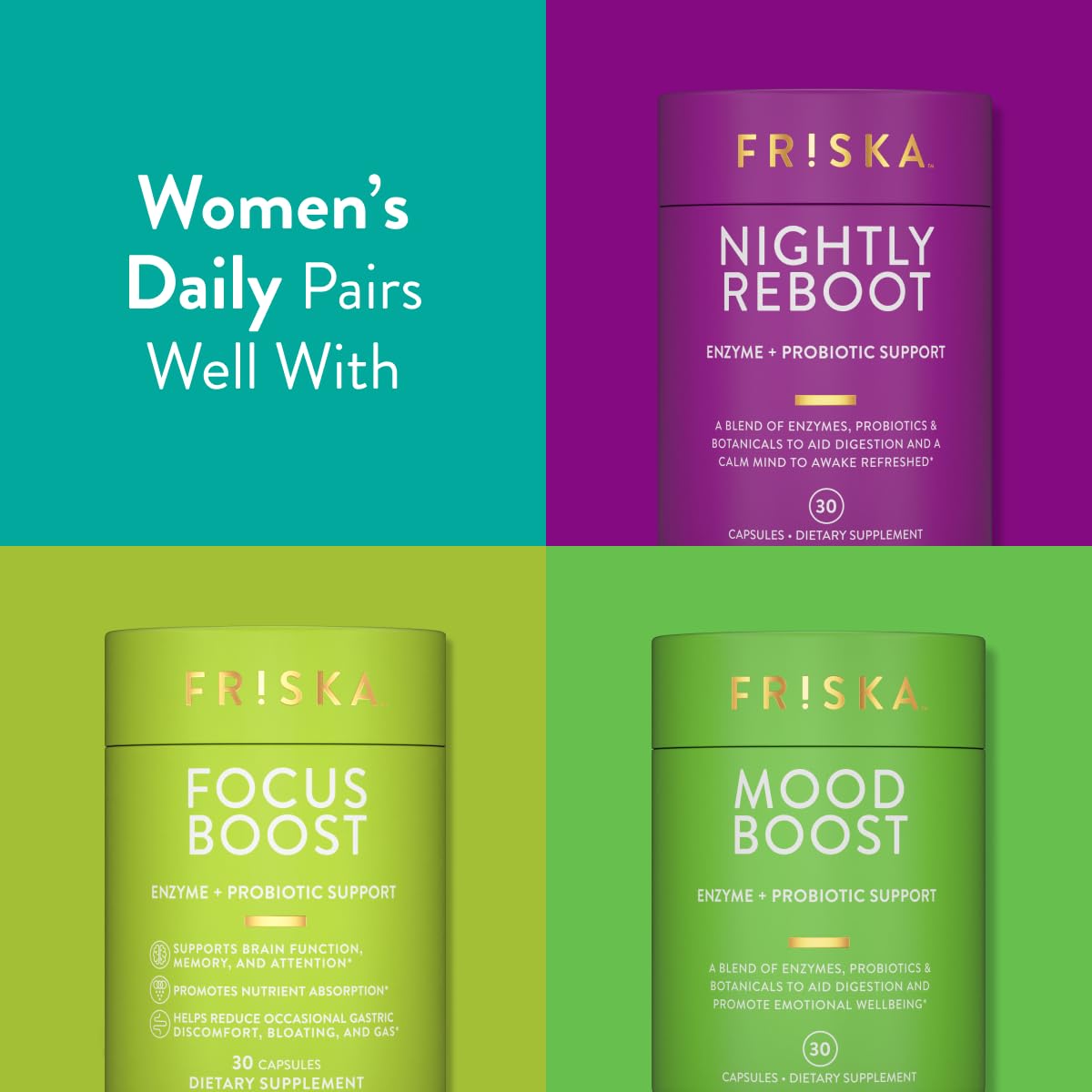 FR!SKA Complément Alimentaire Femme 90 Capsules avec des ingrédients naturels en arrière-plan