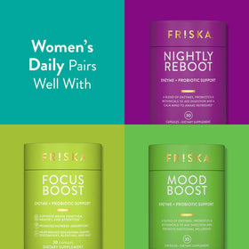 FR!SKA Complément Alimentaire Femme 90 Capsules avec des ingrédients naturels en arrière-plan
