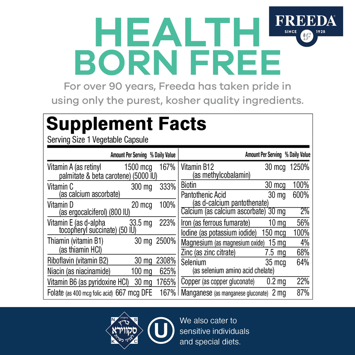 FREEDA Multivitamine Quintabs-M, étiquette détaillant les ingrédients