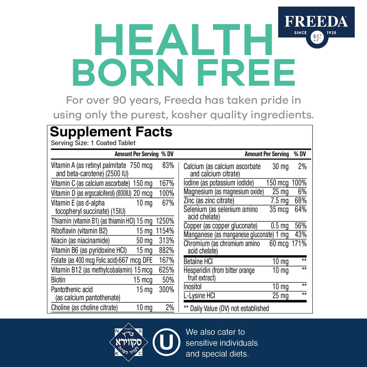 FREEDA multivitamines seniors 60+ comprimés enrobés sur fond blanc