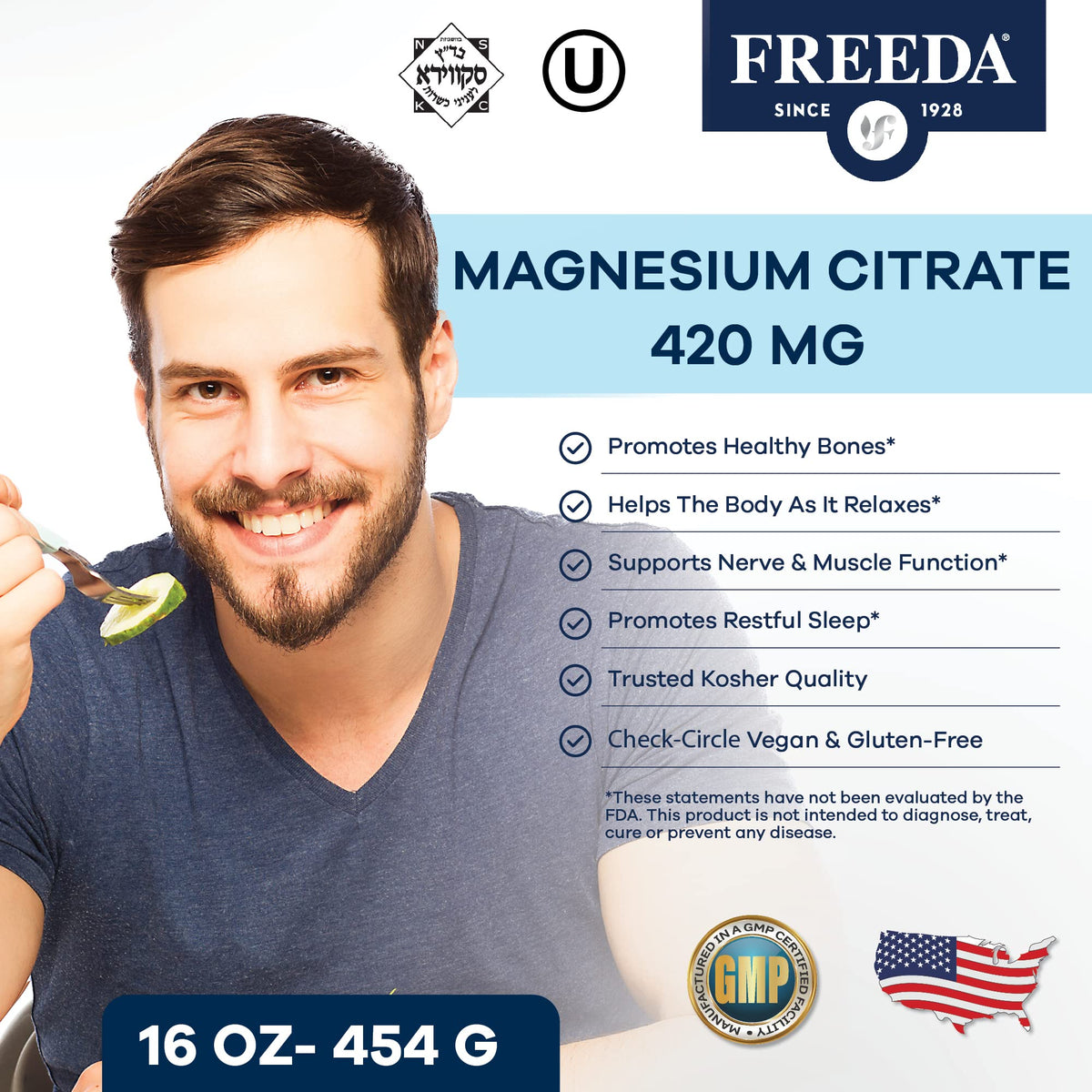 FREEDA Poudre de Citrate de Magnésium 16 oz avec cuillère doseuse