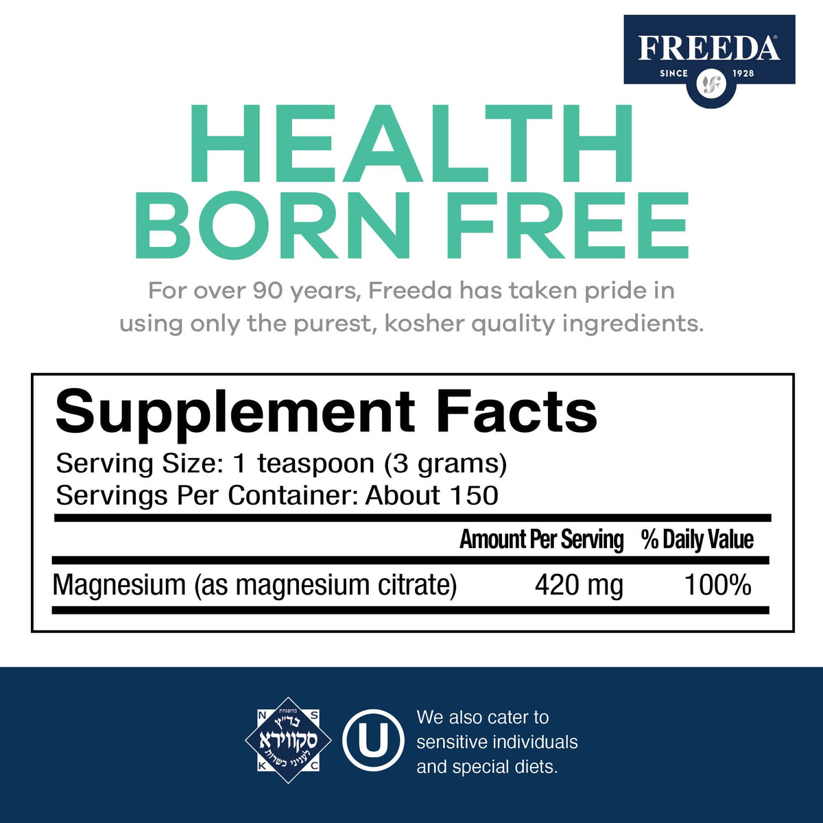 FREEDA Poudre de Citrate de Magnésium 16 oz sur une table