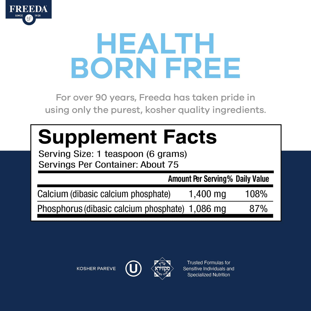 FREEDA Poudre de Phosphate de Calcium 508g - étiquette avec ingrédients