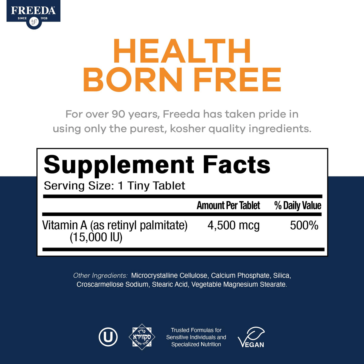 FREEDA Vitamine A 15 000 UI étiquette avec spécifications