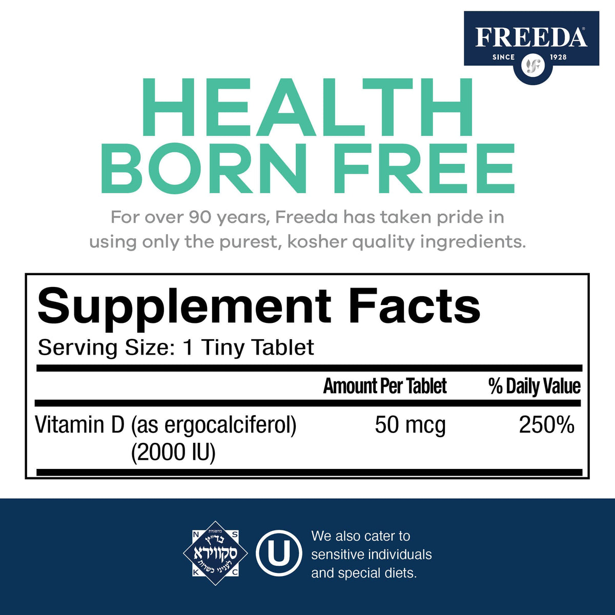 FREEDA Vitamine D2 2000 UI Vegan comprimés sur un fond blanc