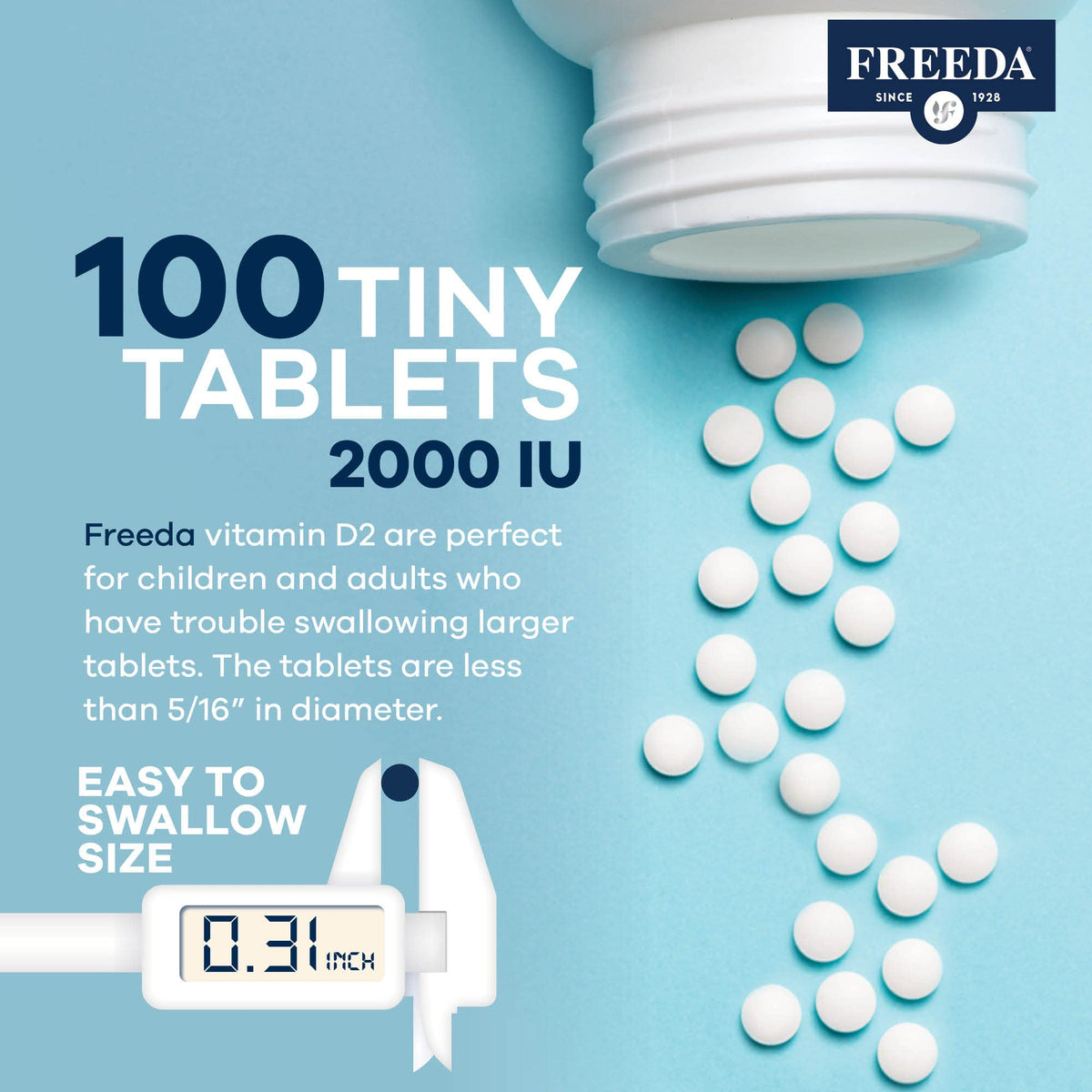 FREEDA Vitamine D2 2000 UI Vegan comprimés sur une table